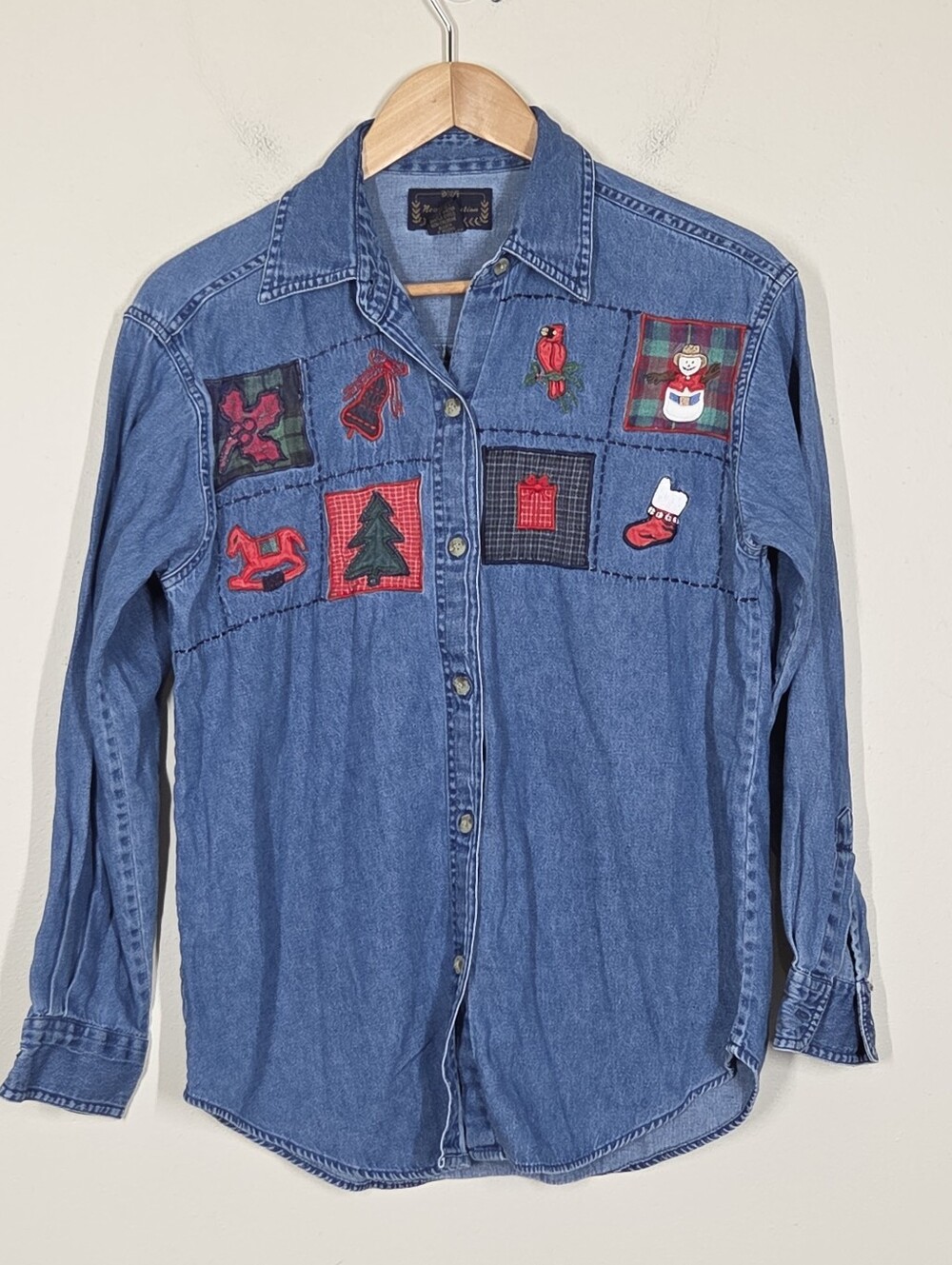 Vtg 90s Y2K Cotton Denim Holiday Christmas Embroidered Button Up Top S Granny